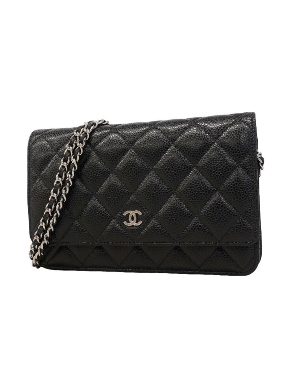 Chanel Shoulder Wallet Quilted Caviar Leather Black Silver